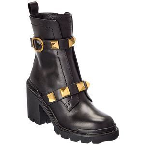 Valentino Roman Stud 85 Leather Combat Boot, Black